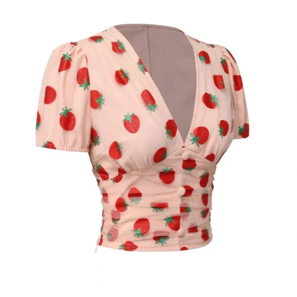 Pink Strawberry Mesh V-Neck Top - Picture 2 of 6